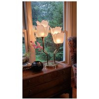 Large 80's Deco Brass/ Pink Flower Table Lamp ~ Lotus Frosted Petal Vintage 1987 Harris Industries Post Modern | Etsy (US)