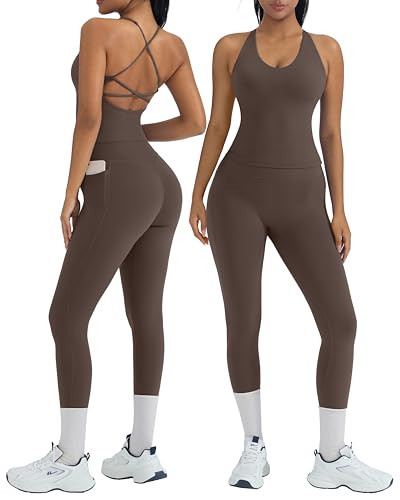 OMKAGI 2 Piece Workout Sets for Women Padded Workout Tops Booty Leggings with Pockets Gym Sets (M,445-Dark Brown) | Amazon (US)