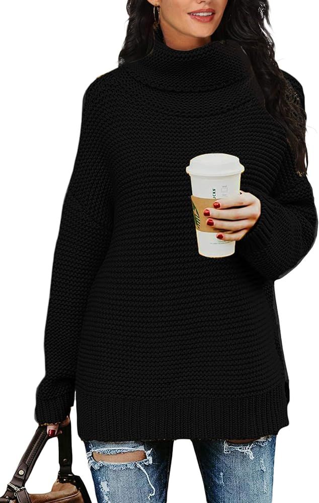 PrinStory Womens Casual Long Sleeve Turtleneck Chunky Knit Pullover Sweater Tops with Side Slit | Amazon (US)