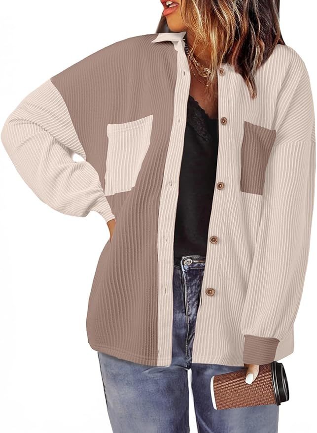 Eytino Womens Plus Size Shacket Jacket Oversized Colorblock Long Sleeve Button Down Boyfriend Shi... | Amazon (US)