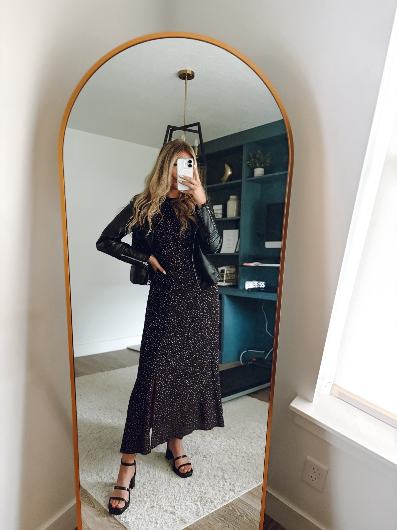 church outfit for a rainy spring day! 
heels: size up half, comfortable!
leather jacket: wearing M
dress is no longer sold so linked similar 