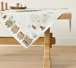 Gingerbread Train Embroidered Cotton Table Throw | Pottery Barn (US)
