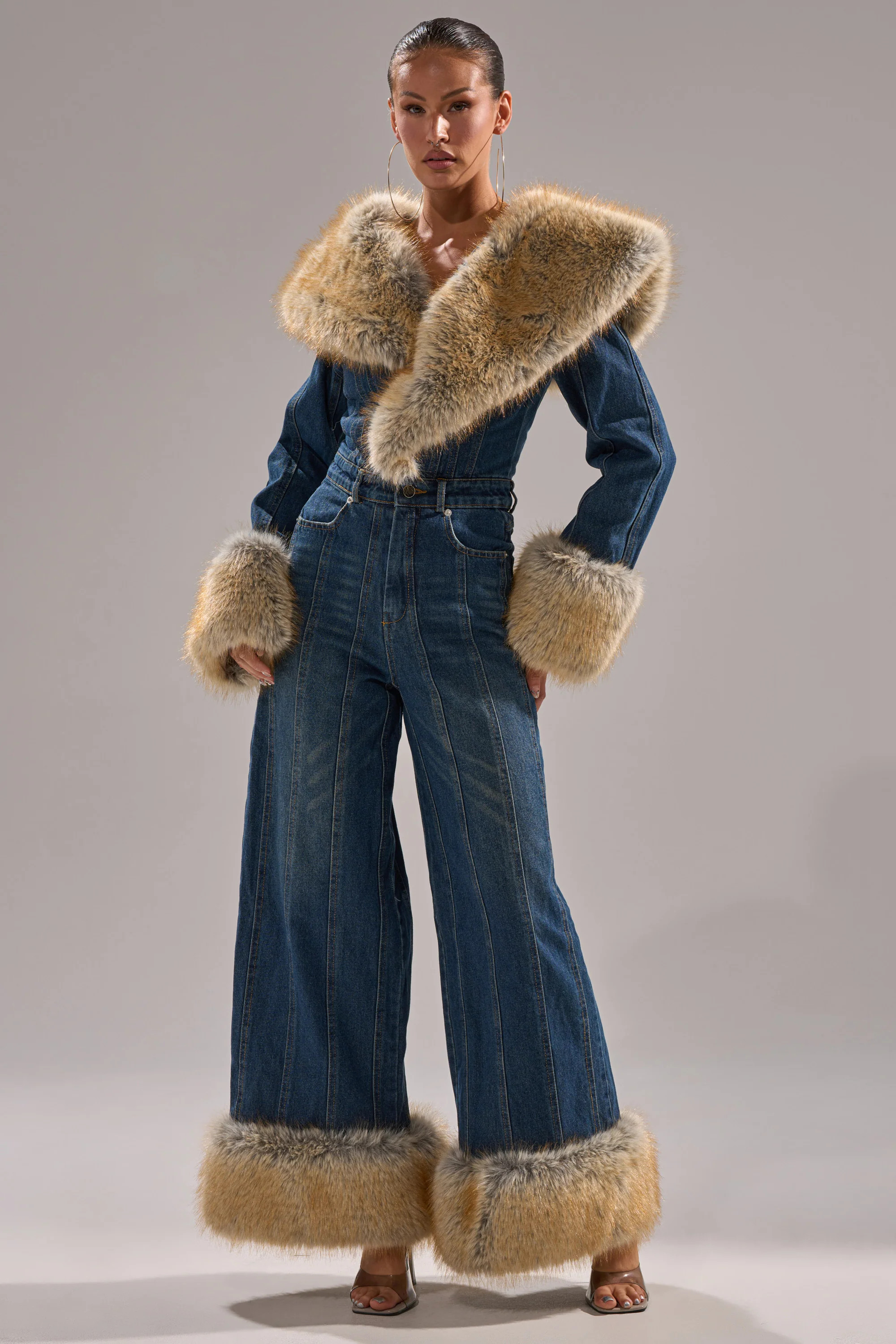 LENNOX DENIM JUMPSUIT WITH FUR ACCENTS | AKIRA