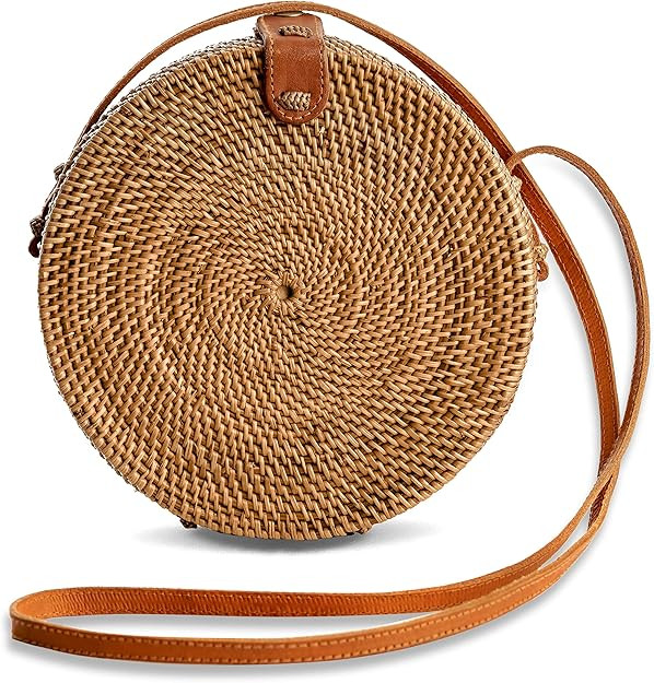 Rattan Bags for Women - Handmade Wicker Woven Purse Handbag Circle Boho Bag Bali (Round) | Amazon (US)