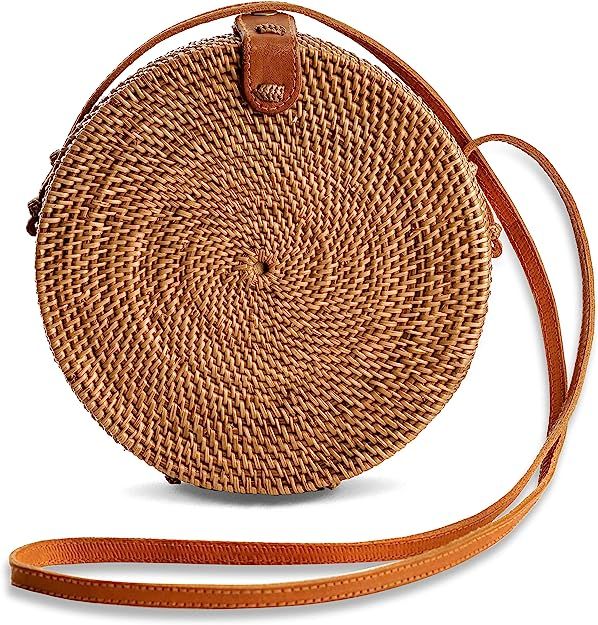 Rattan Bags for Women - Handmade Wicker Woven Purse Handbag Circle Boho Bag Bali (Round) | Amazon (US)