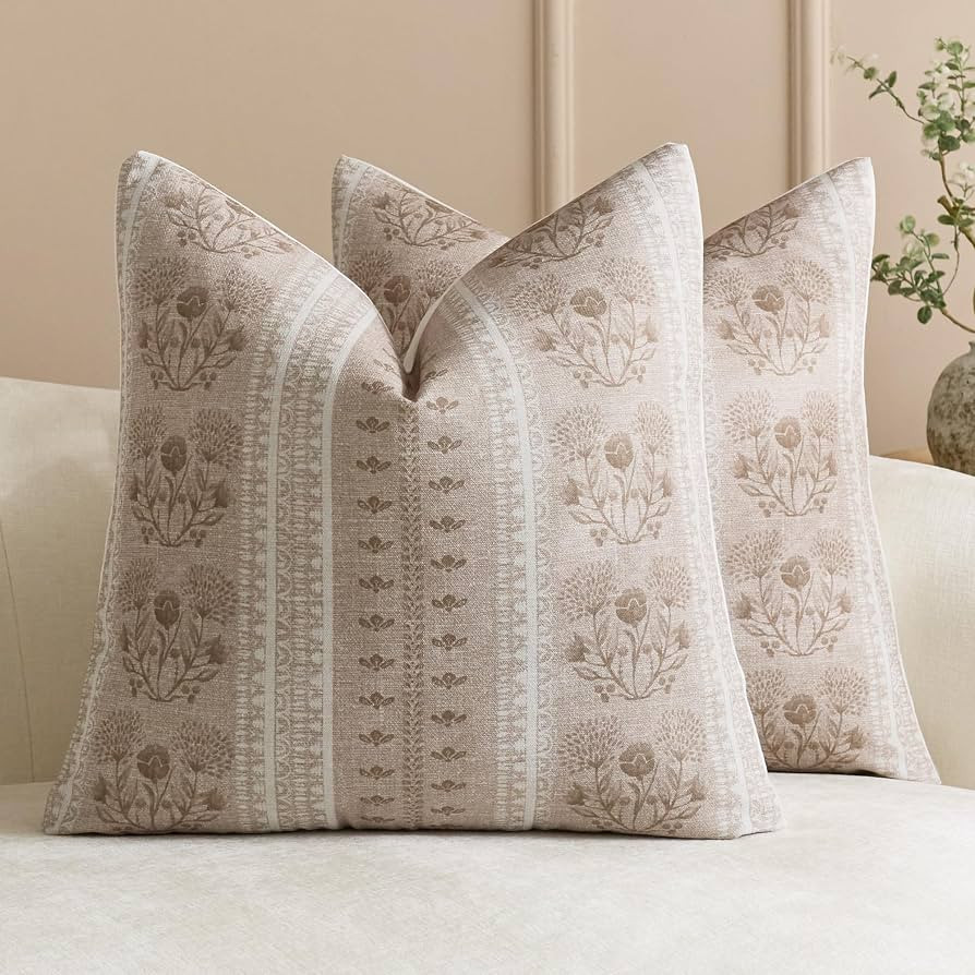 Striped Floral Indoor Outdoor Throw Pillow Covers 20x20 Set of 2, Waterproof Farmhouse Botanical ... | Amazon (US)