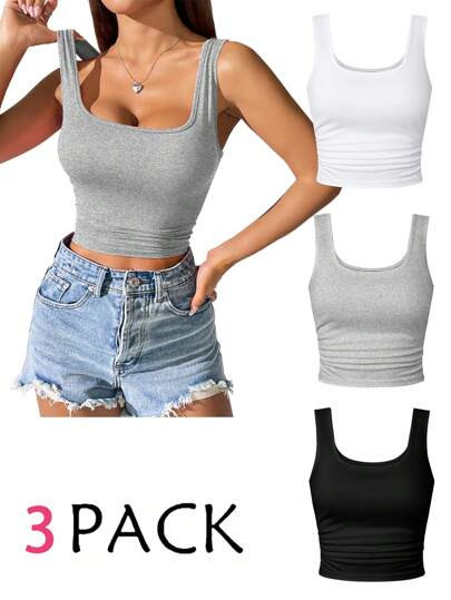 GlowEve Women's Solid Color Side Ruched Sleeveless Top 3-Piece Set For Summer | SHEIN