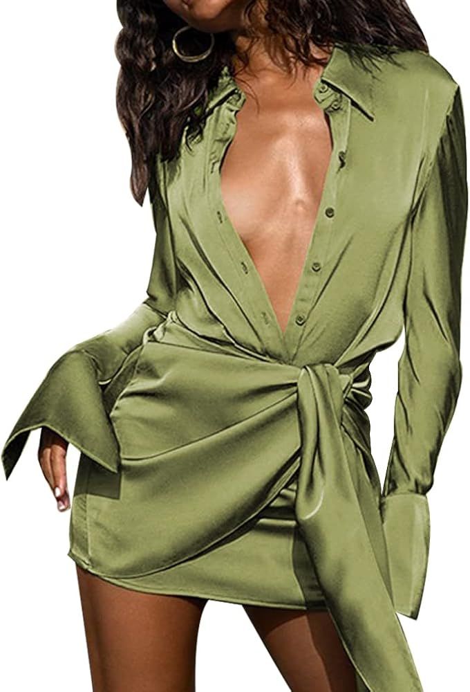 SHESEEWORLD Women's Sexy Long Sleeve V Neck Button Tie Waist Bodycon Satin Wrap Club Party Mini D... | Amazon (US)