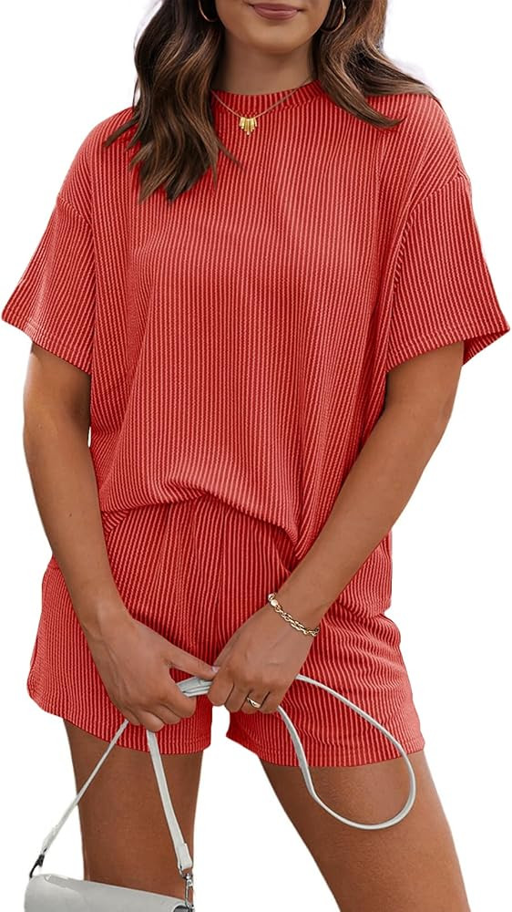 RUBZOOF Women's 2 Piece Sets Short Sleeve Outfits Ribbed Textured Knit Lounge Shorts Set Oversize... | Amazon (US)
