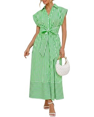 Wenrine Womens Summer Striped Maxi Dresses A Line Cap Sleeve Tie Waist Casual Button Collared Shi... | Amazon (US)