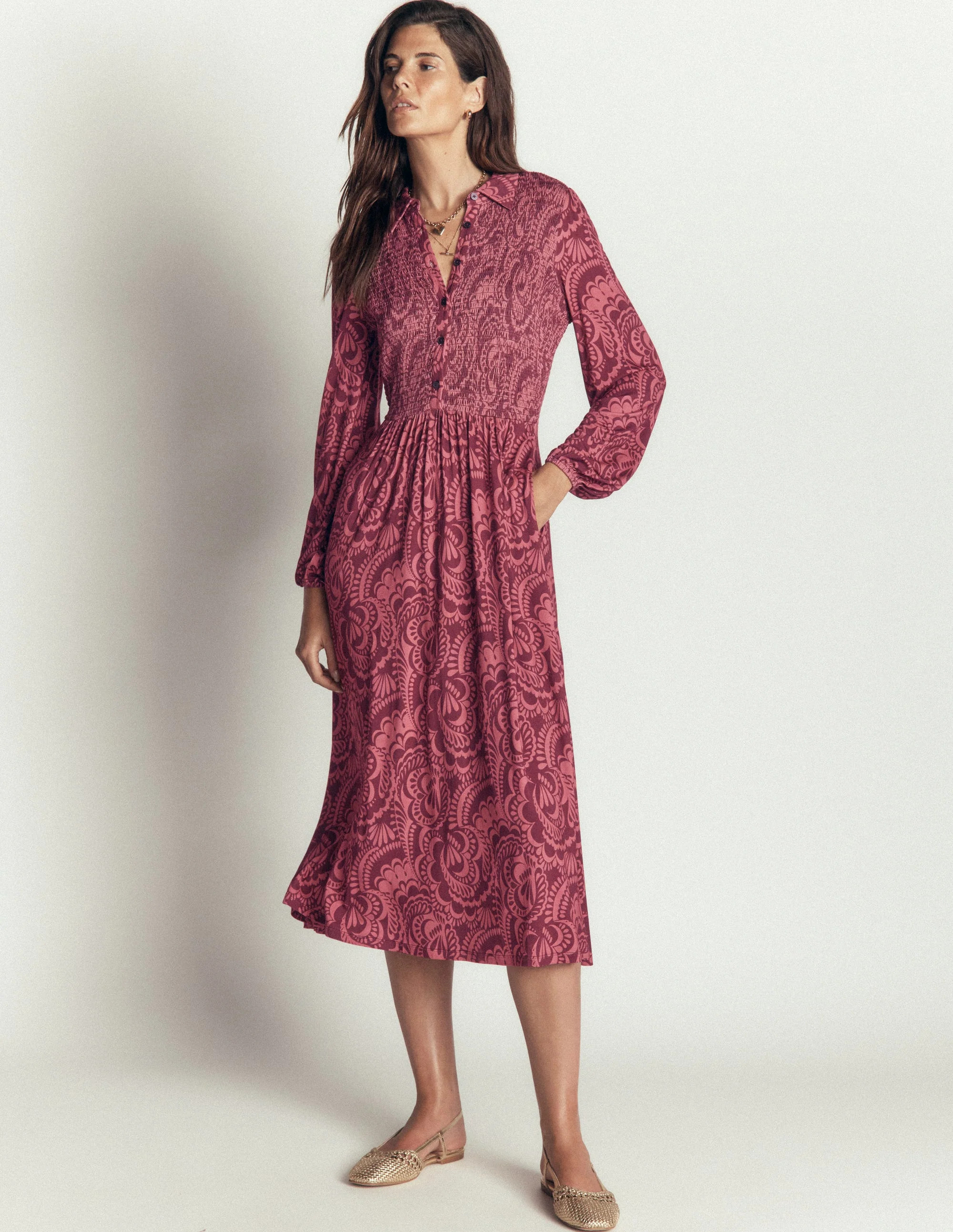Smocked Jersey Dress-Maroon, Flourishing Medley | Boden (US)