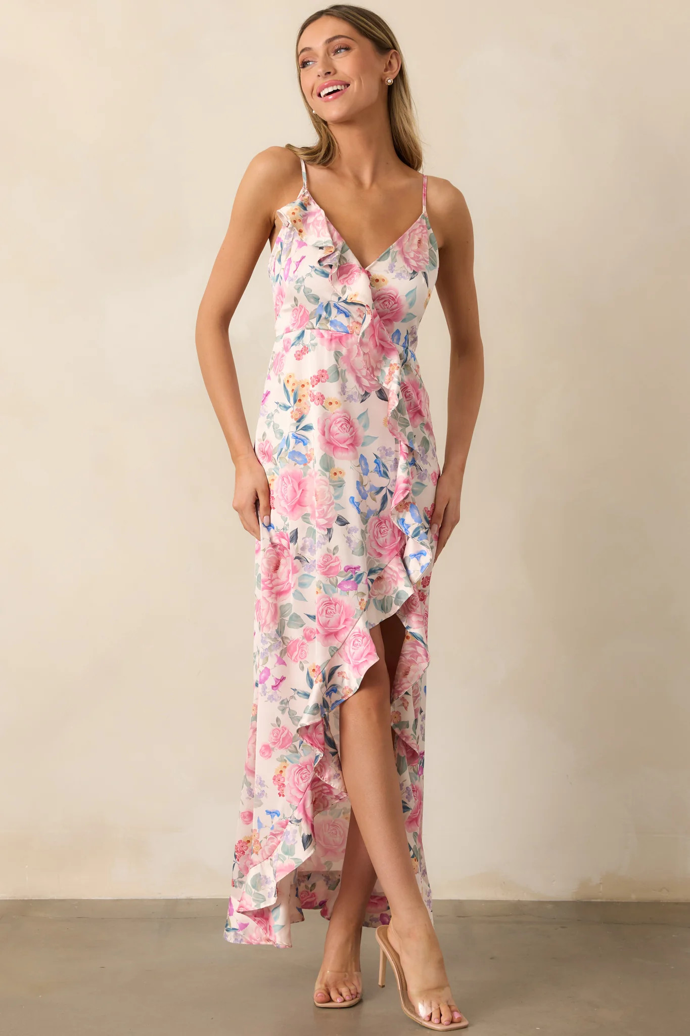 A Springtime Waltz Pink Multi Floral Ruffle Maxi Dress | Red Dress