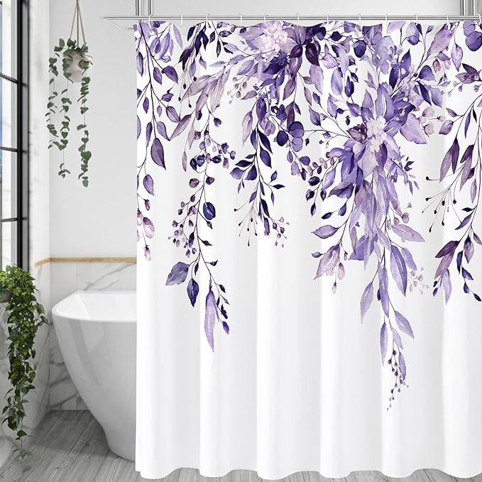 Gibelle Purple Eucalyptus Shower Curtain, Watercolor Plant Leaves with Floral Bathroom Shower Cur... | Amazon (US)