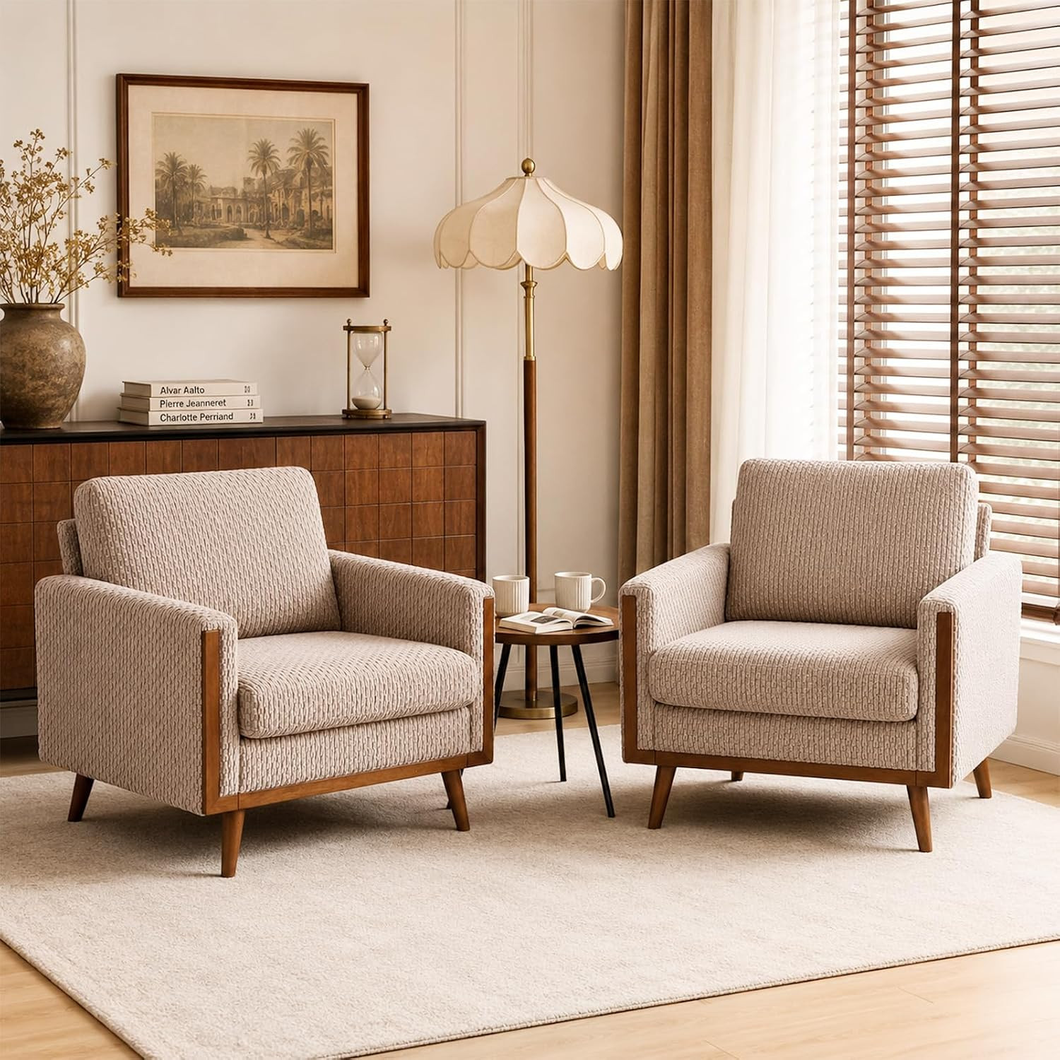 VINGLI Mid-Century Modern Accent Chairs Set of 2 with Solid Wood Armrests, Oversized Deep Seat Corduroy Armchair, Upholstered Reading Chair for Living Room, Bedroom, Home Office, Apartment | Amazon (US)