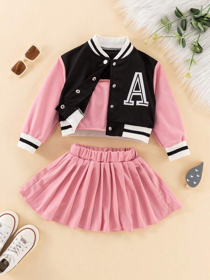 SHEIN Young Girl Letter Graphic Striped Trim Jacket & Skirt & Cami Top | SHEIN