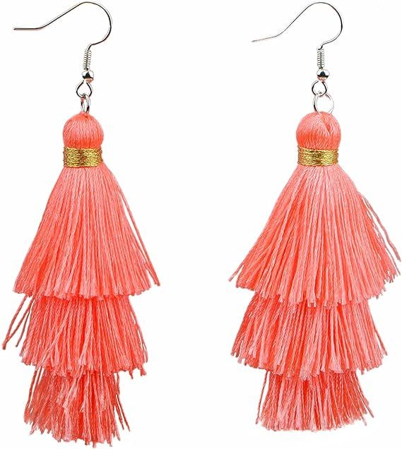 AD Beads Fashion Charm Crystal Silk Tassel 3 Layers Fan Fringe Dangle Earrings designer costume j... | Amazon (US)