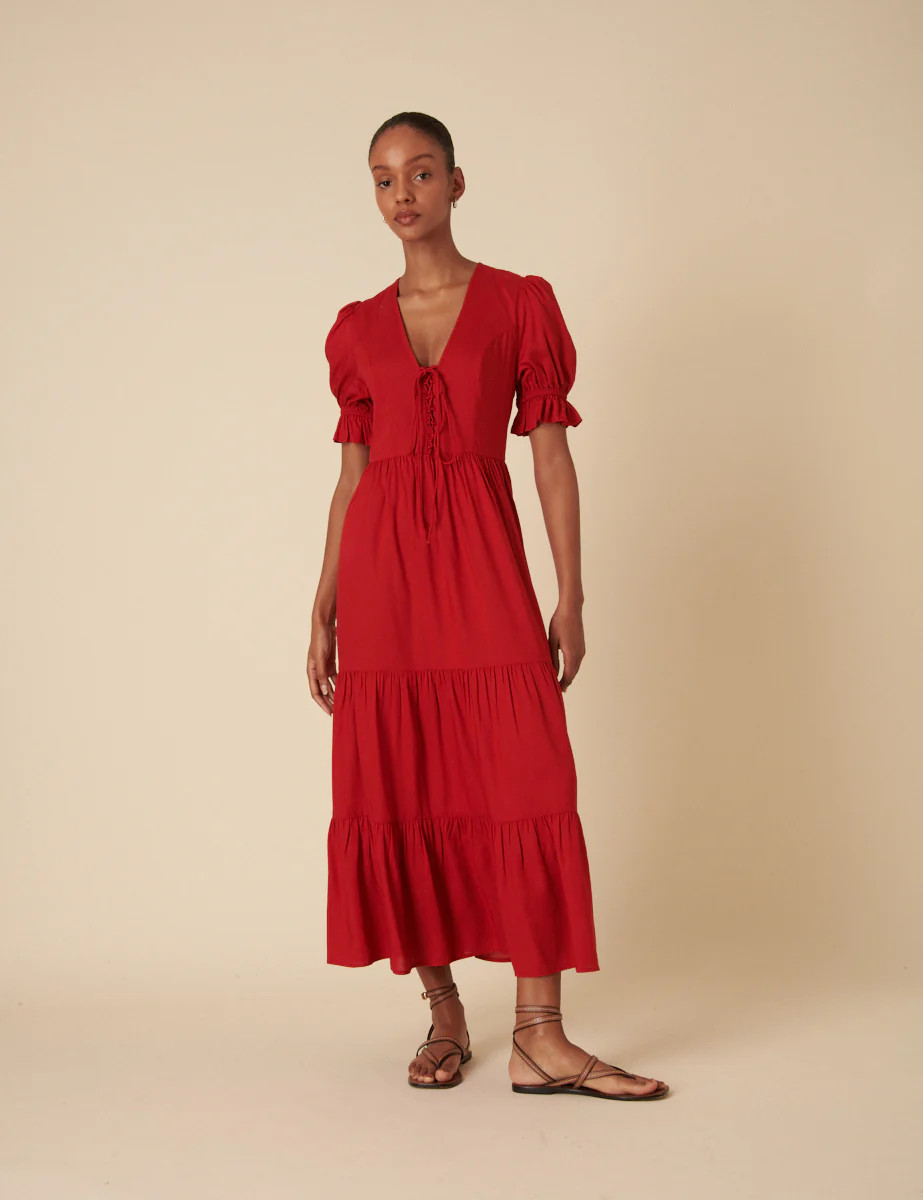 Red Tie Front Tiered Lia Midi Dress | Nobody's Child