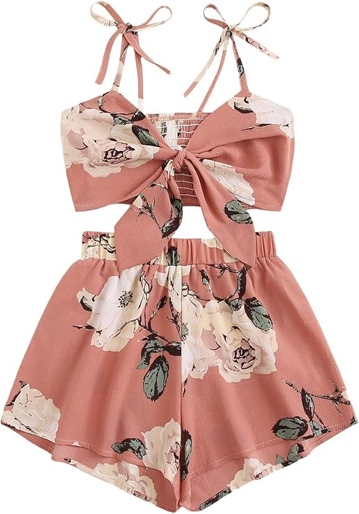 SweatyRocks Women's Boho 2 Piece Outfits Knot Front Crop Top with Shorts Sets | Amazon (US)