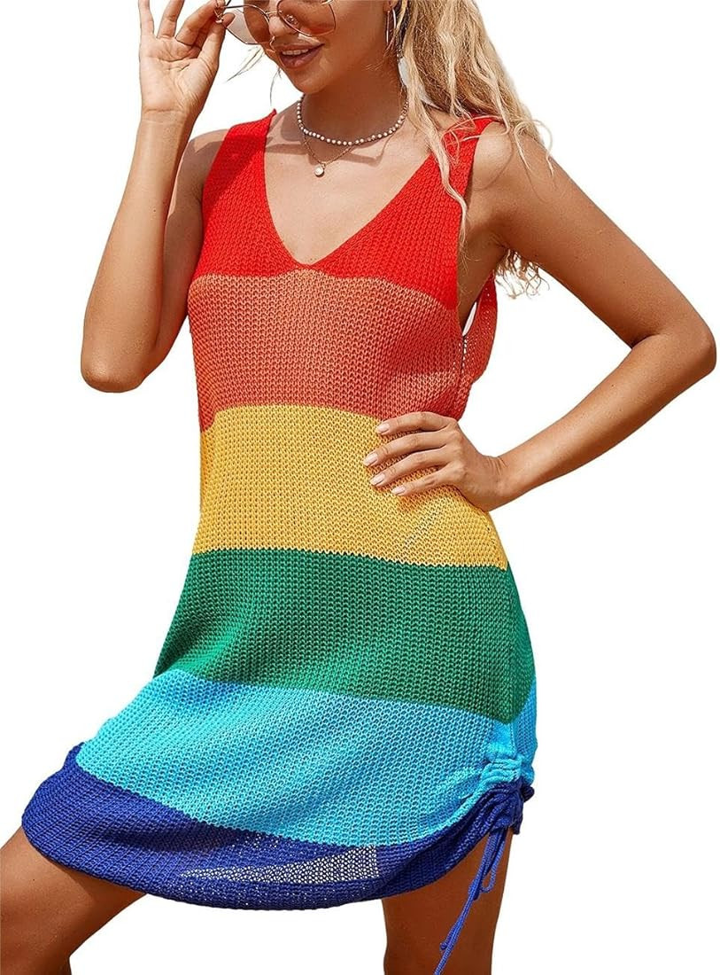 Bsubseach Women Crochet Bikini Cover Ups Summer Scoop Neck Beach Tank Dress | Amazon (US)