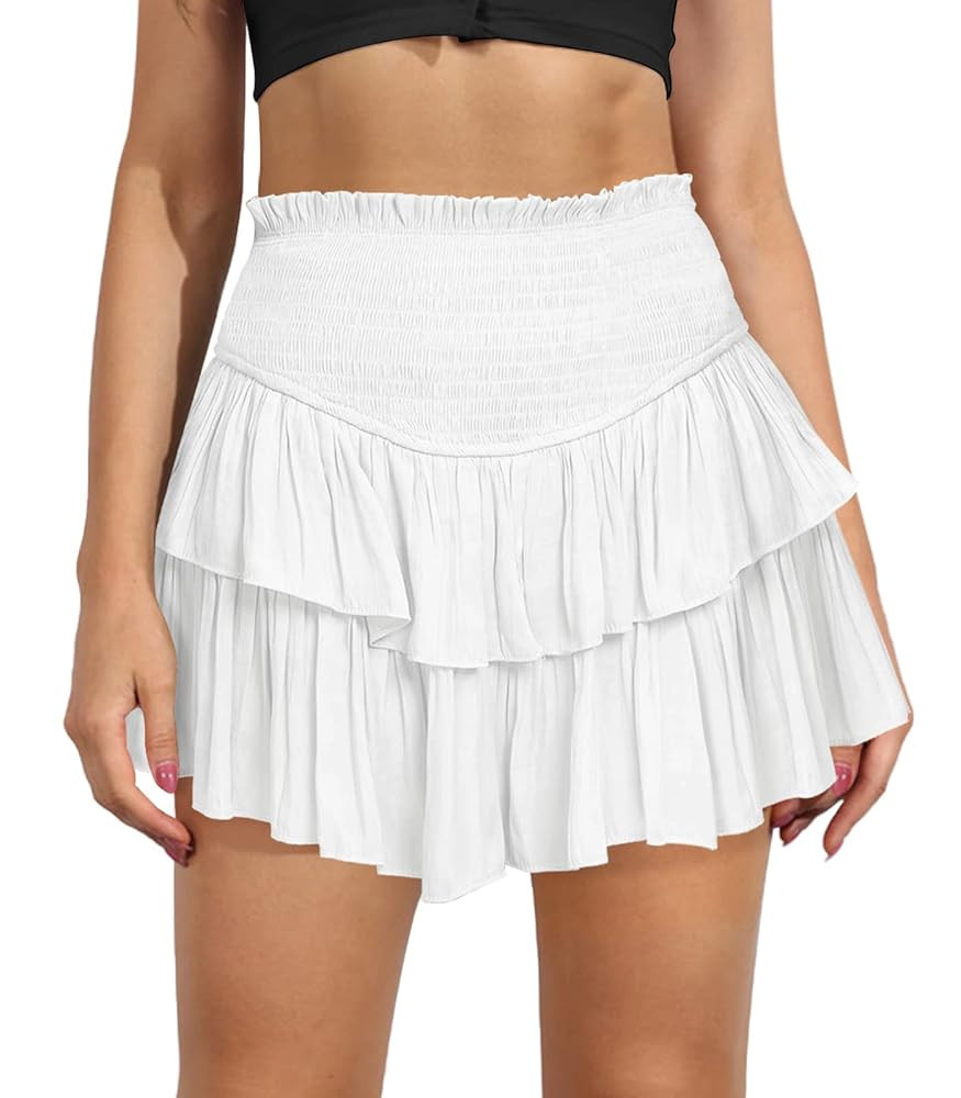 Women's Cute High Waist Ruffle Mini Skirt Layered Ruffle Hem Flared Flowy Casual Swing Beach Mini... | Amazon (US)