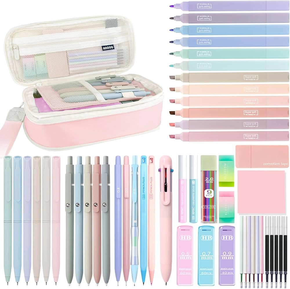 54Pcs Aesthetic School Supplies Set with Large Pastel Pencil Case 12 Dual Tip Highlighters, 6 Gel... | Amazon (US)