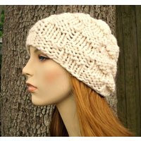 Hand Knit Beanie, Chunky Hat, Womens Mens Winter Cap, Basket Weave Cream | Etsy (US)