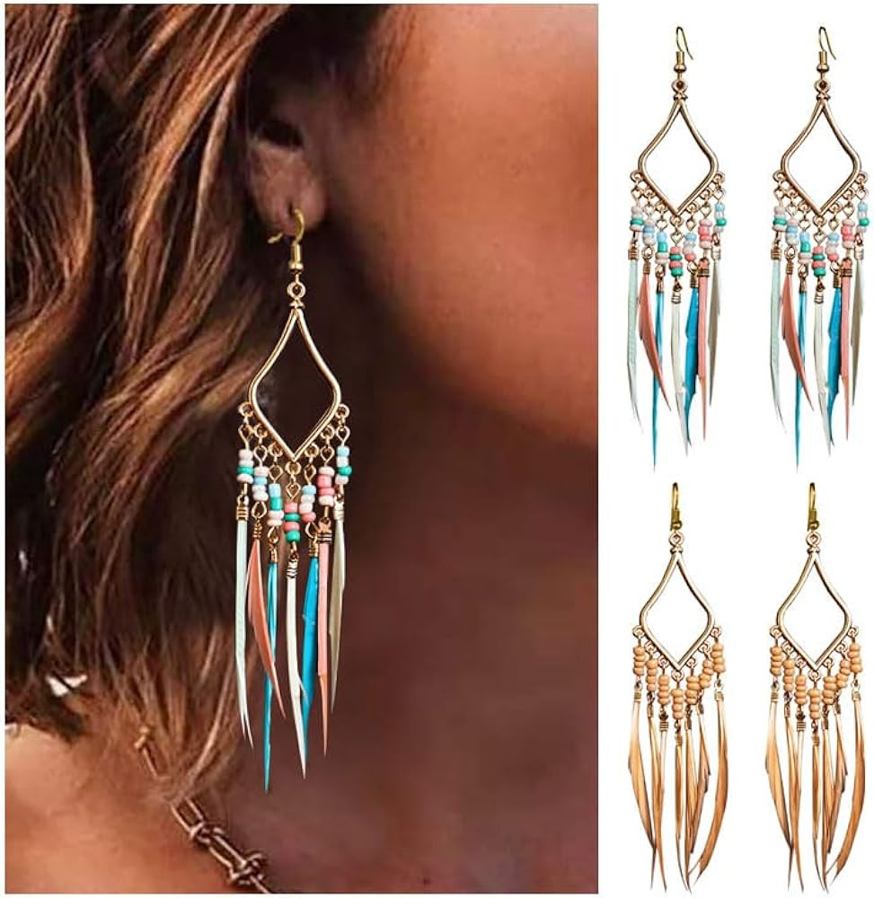 Bead Earrings Set Feather Tassel Gold Boho Ethnic Retro Bohemian Dangle Earring Bead Women Jewelr... | Amazon (US)