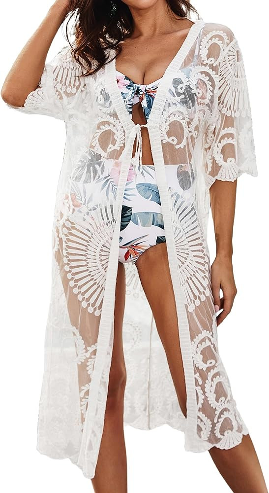 Bsubseach Swim Cover Up for Women Lace Sheer Floral Kimono Cradigans Mesh Long Beach Dress | Amazon (US)