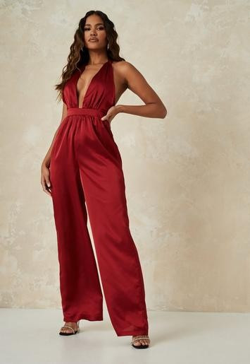 Missguided - Burgundy Satin Halterneck Wide Leg Jumpsuit | Missguided (US & CA)