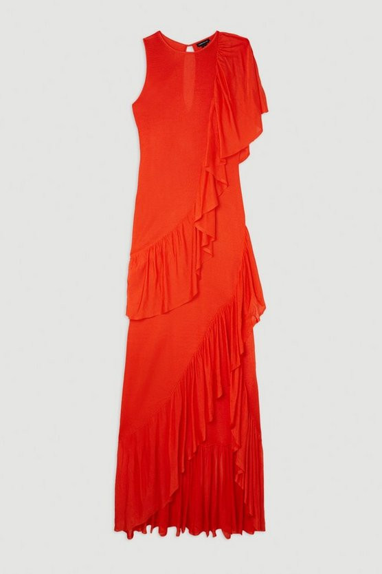 Slinky Knit Woven Mix Ruffle Midaxi Dress | Karen Millen UK + IE + DE + NL