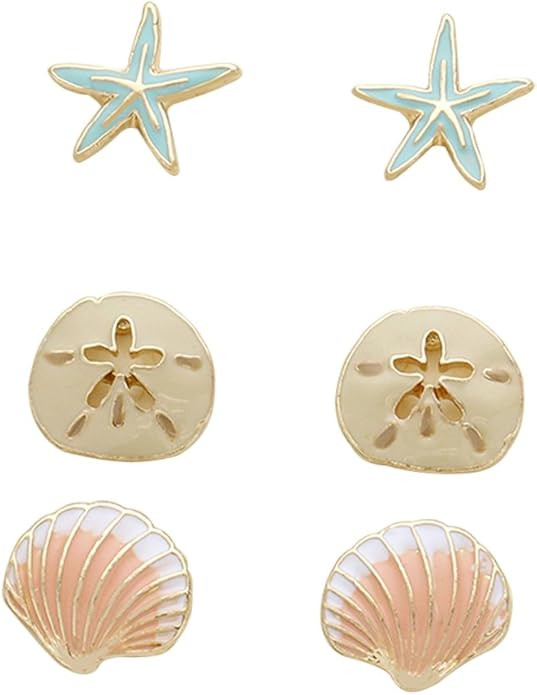 Rosemarie Collections Women's Beach Stud Earrings Set of 3 Starfish Sand Dollar Shell | Amazon (US)