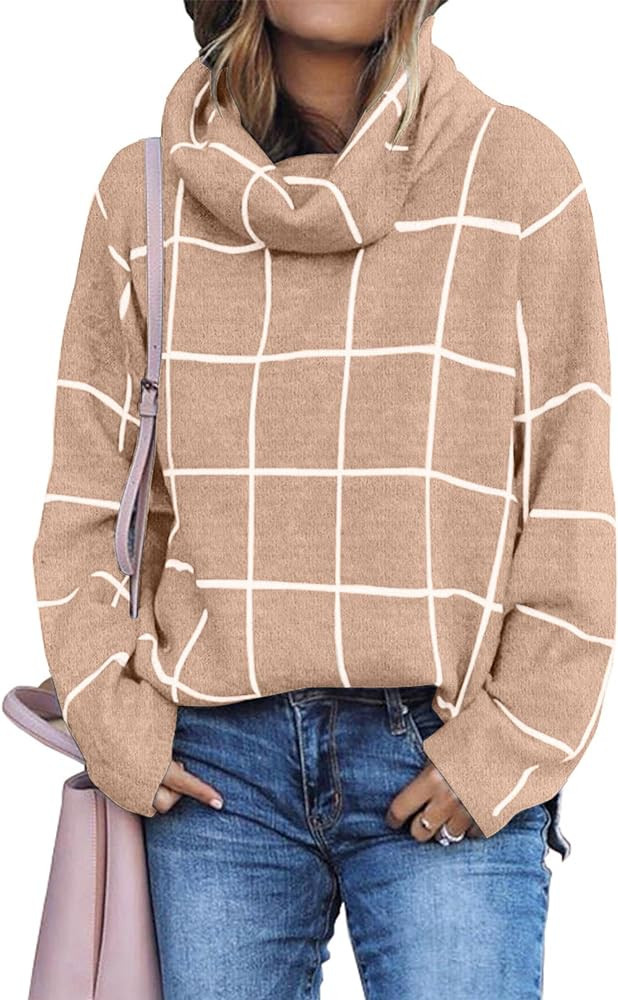KIRUNDO Womens Sweaters 2023 Trendy Fall Winter Turtleneck Long Sleeve Plaid Chunky Knit Pullover... | Amazon (US)