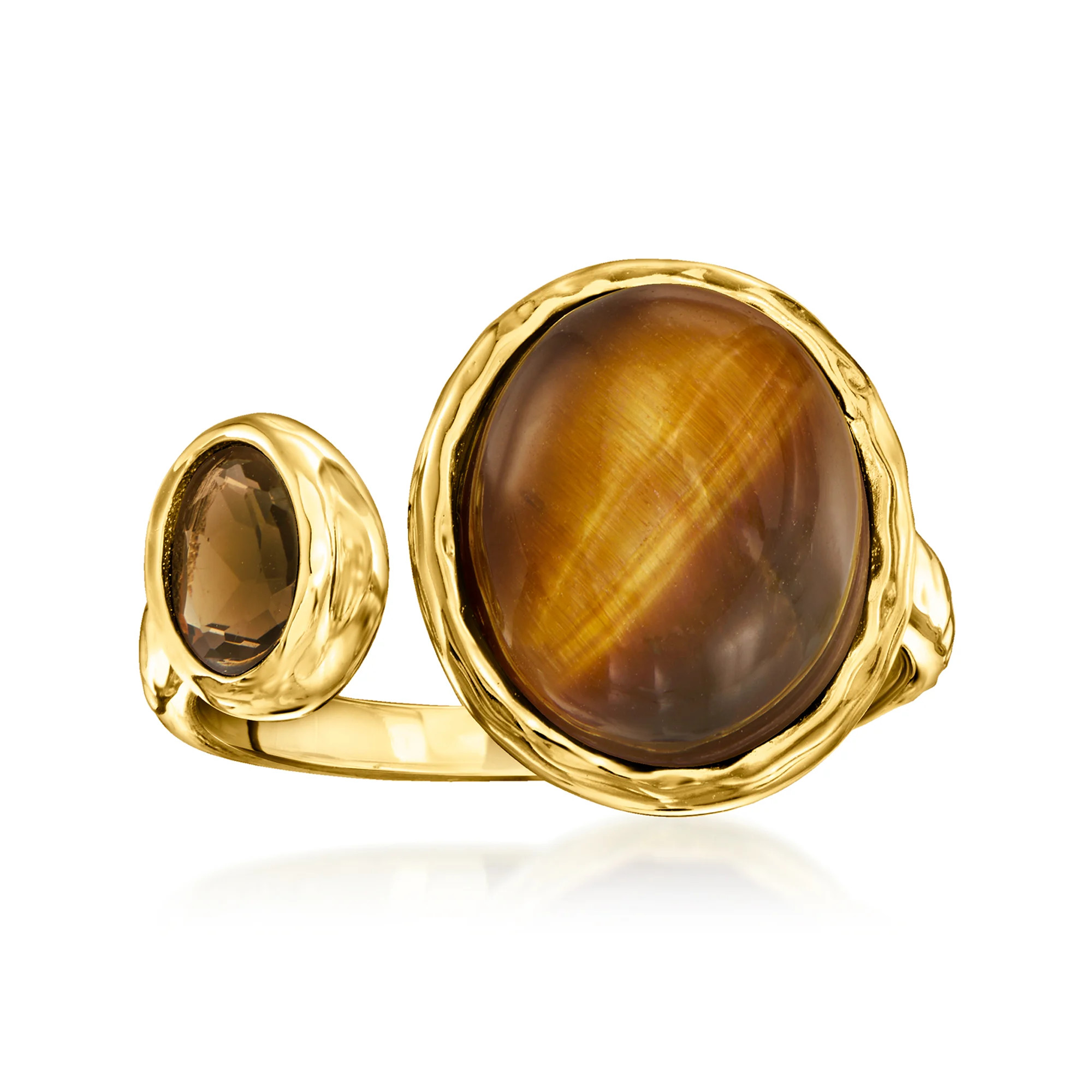Tiger Eye and .30 Carat Smoky Quartz Toi et Moi Ring in 18kt Gold Over Sterling. Size 9 | Ross-Simons
