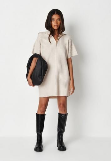 Cream Rib Knit Collared Half Zip Mini Dress | Missguided (US & CA)