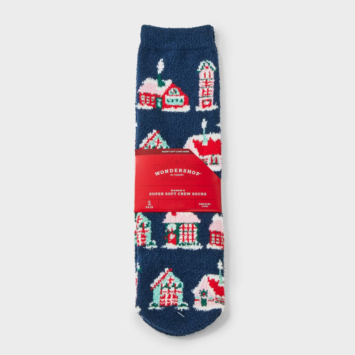 Women's Christmas Village Cozy Crew Socks with Gift Card Holder - Wondershop™ Navy 4-10 | Target