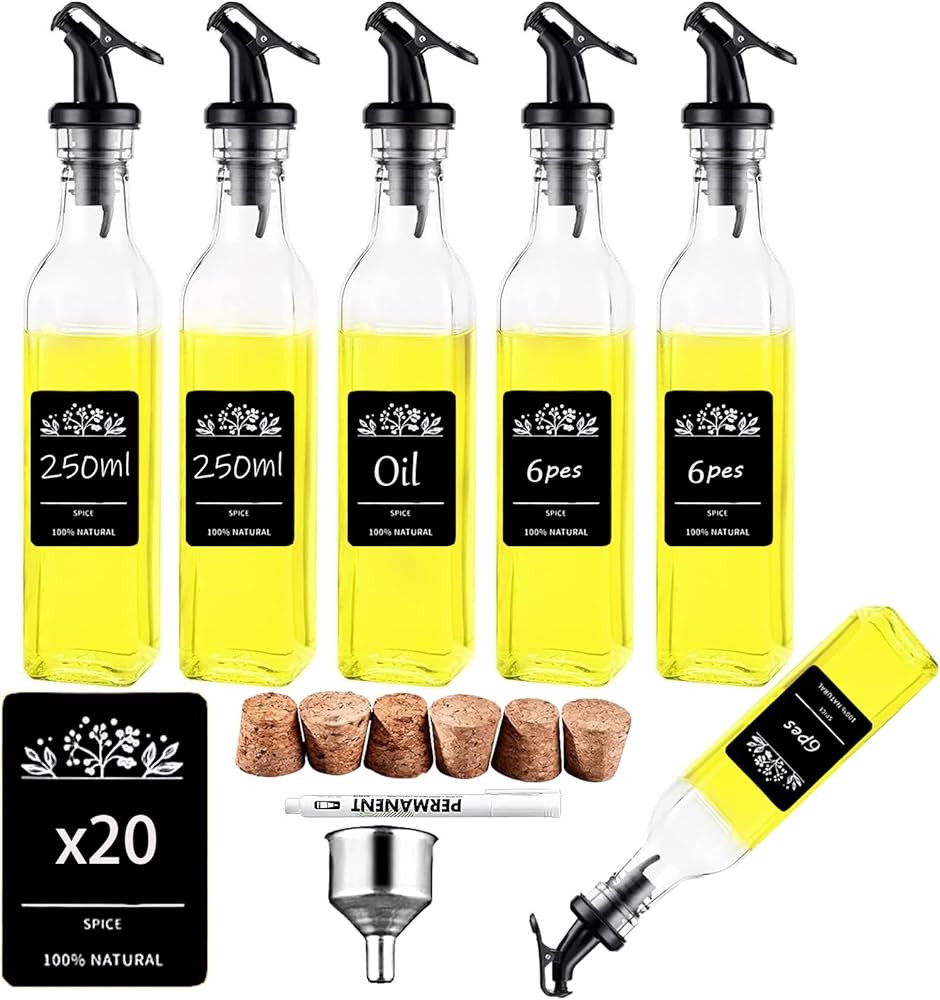 ROSNONG Oil Bottle 6x250ml Oil Dispenser Thickened Glass Olive Oil Bottle, Anti-Drip Oil Pourer, ... | Amazon (UK)