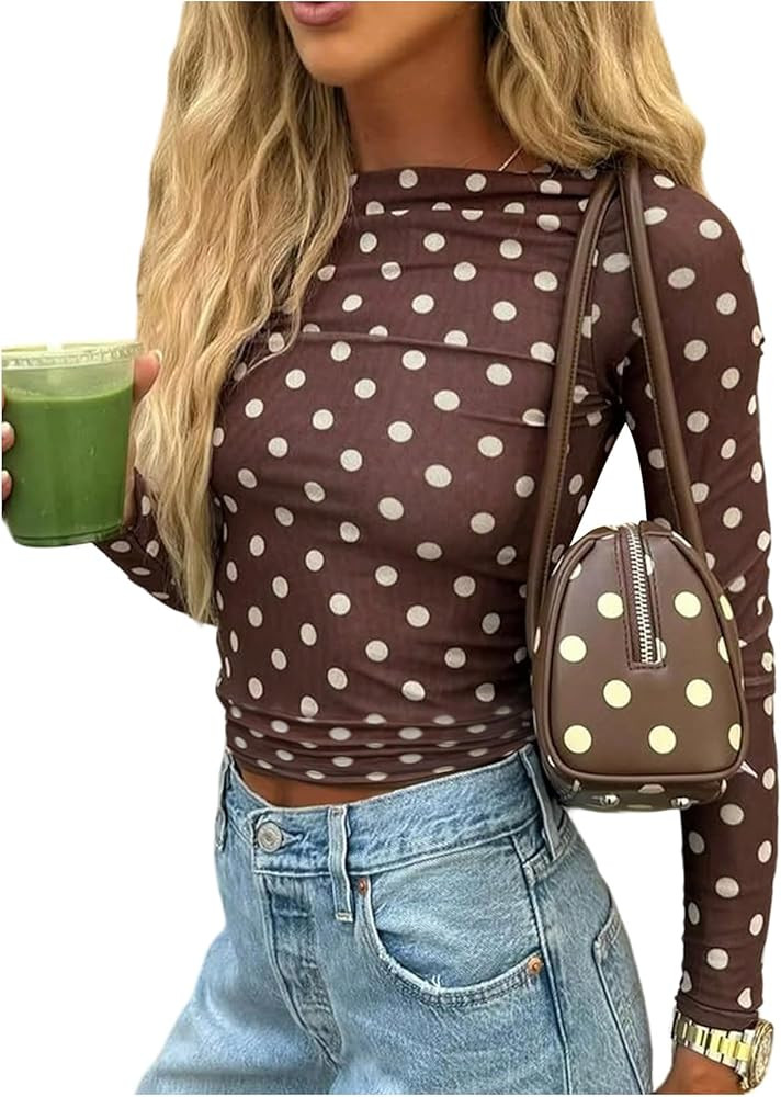 MakeMeChic Women's Y2k Polka Dots T Shirts Boat Neck Long Sleeve Fitted Going Out Tops | Amazon (US)