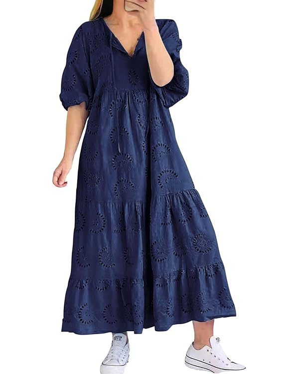 chouyatou Women's Summer Loose Floral Lace Eyelet Dress Boho Casual Notch Neck Maxi Tunic Beach D... | Amazon (US)