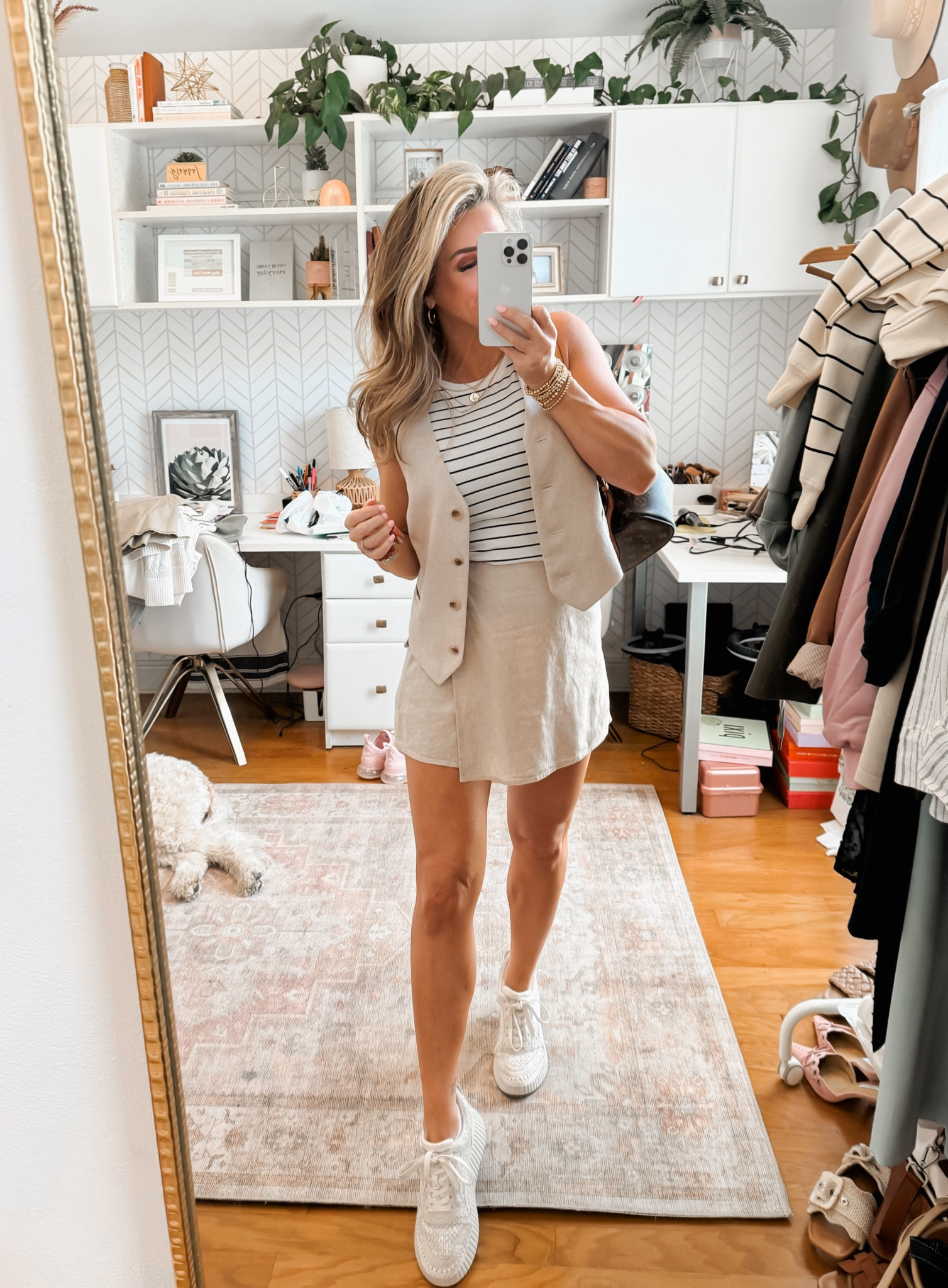 Oatmeal linen vest, oatmeal linen skort shorts skirt, stripe tank top, spring outfit, white sneakers, spring break, vacation outfit 

#LTKfindsunder100 #LTKstyletip #LTKtravel