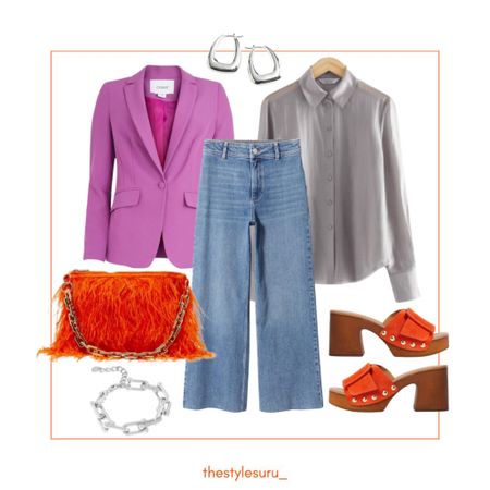 Spring summer trends 2023, styling a blazer outfit with this seasons trending colours. Purple blazer jacket,clogs, orange shoes, orange feather bag, mid wash cropped wide leg straight jeans.

#LTKstyletip #LTKunder100 #LTKeurope