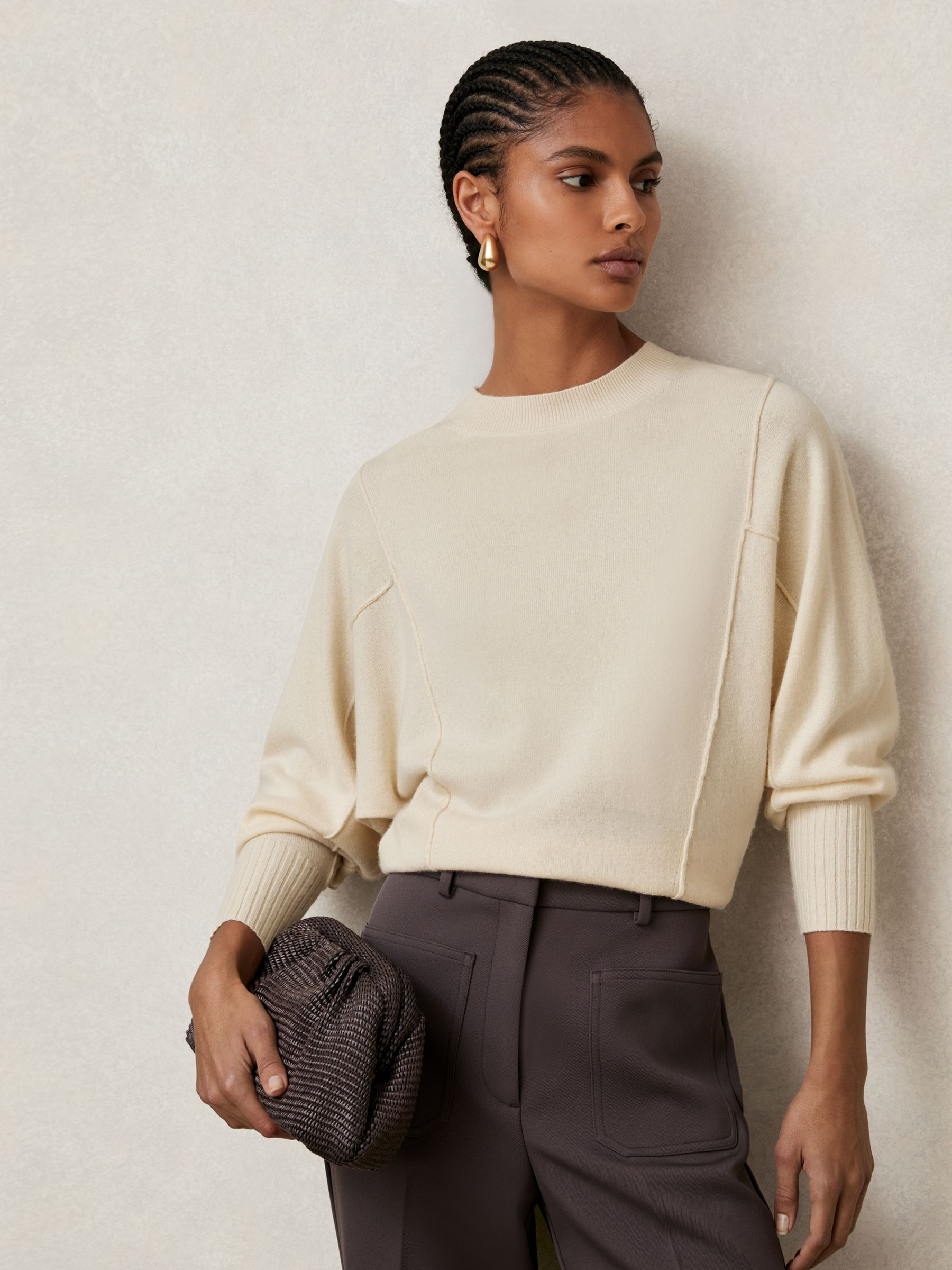 Reiss Wool-Blend Reverse-Seam Batwing Jumper With Cashmere in Cream | REISS | Reiss US