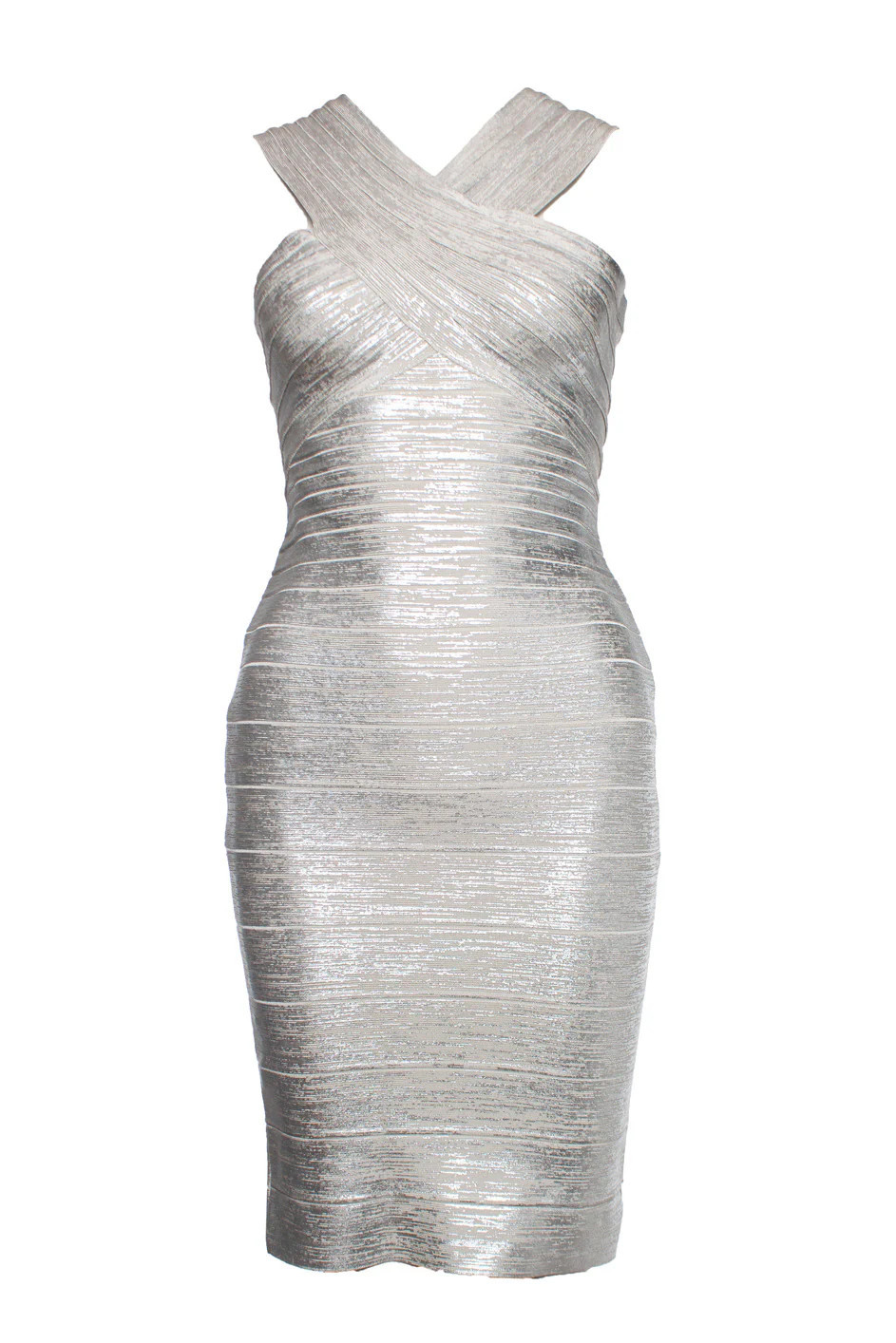 Herve Leger by Max Azria, silver off shoulder body con dress | Shop Simon