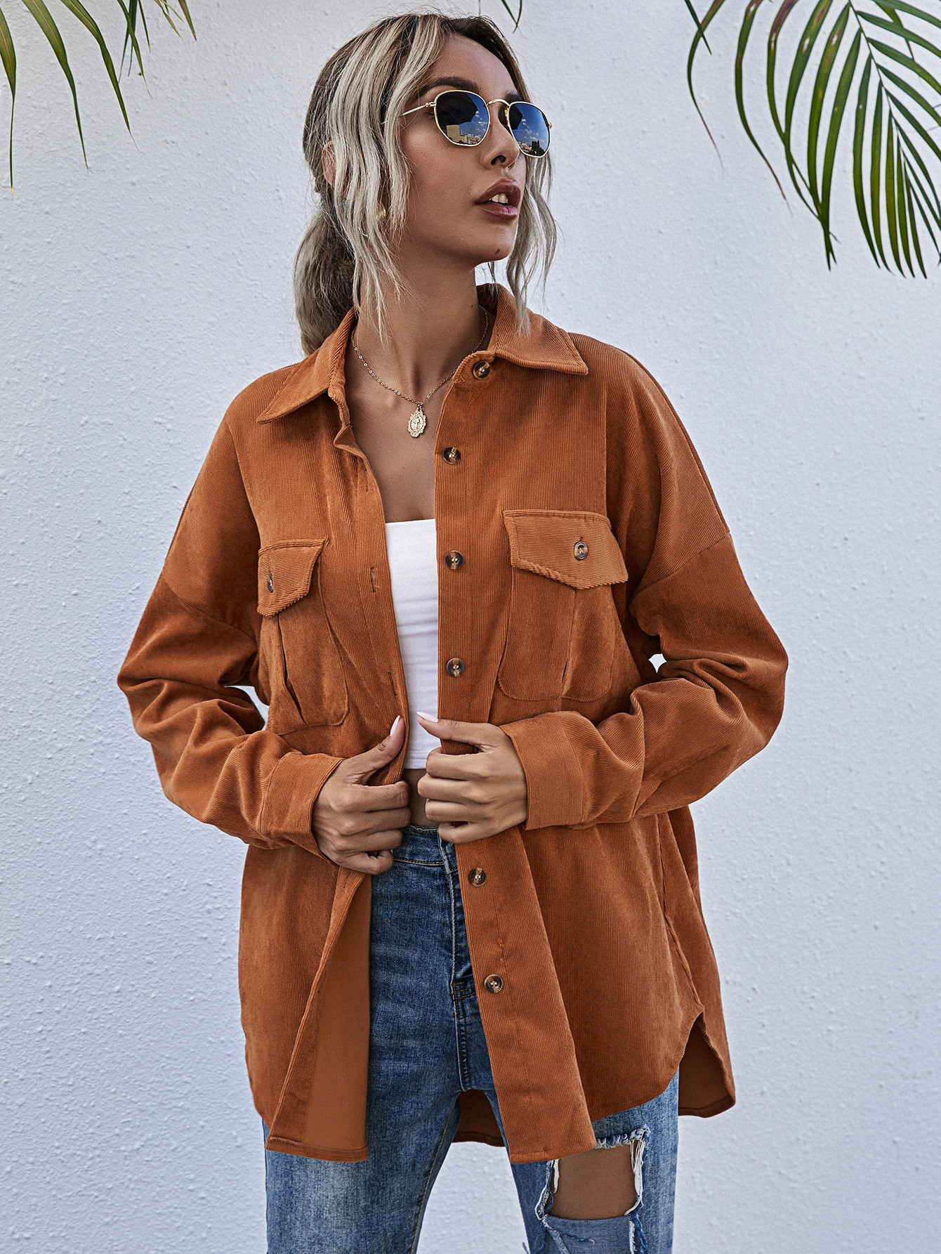 Flap Pocket Button Front Corduroy Coat | SHEIN