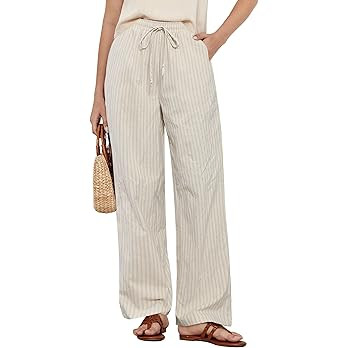 GRAPENT Striped Pants for Women High Waisted Wide Leg Cotton Linen Trendy Beach Pull on Elastic W... | Amazon (US)