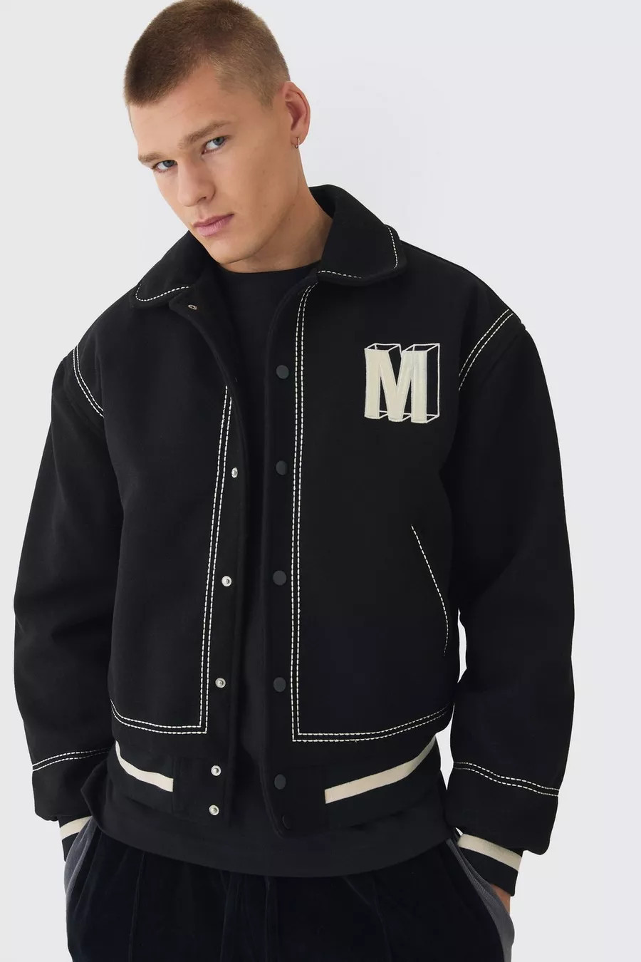 Boxy Stitch Detail Melton Varsity Jacket In Black | boohoo (US & Canada)