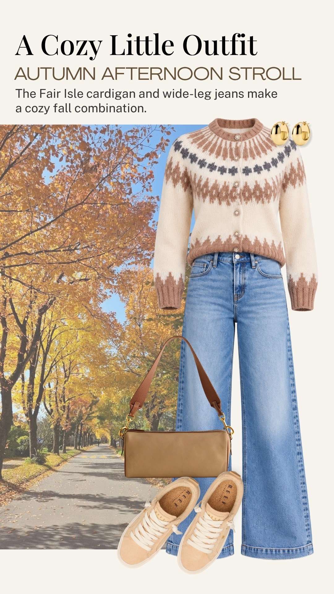 A Fair Isle cardigan and light-wash wide-leg jeans make such a cozy fall combination. I love the warm neutral pattern paired with simple sneakers for an easy autumn afternoon stroll or a casual day out.

#LTKootd #LTKdayinmylife #LTKOver40
