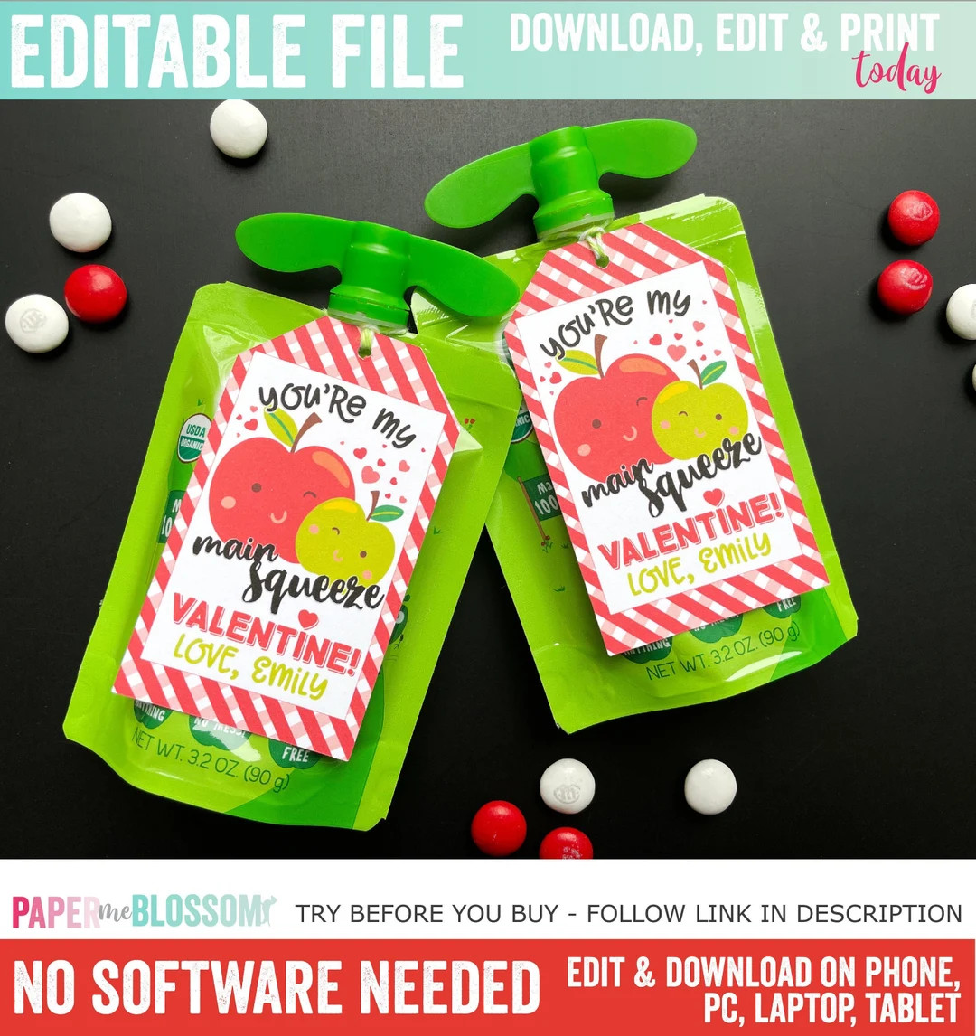 EDITABLE You're My Main Squeeze Applesauce Valentines Day Kids Gift Tag Valentines Treat Bag Tag ... | Etsy (US)