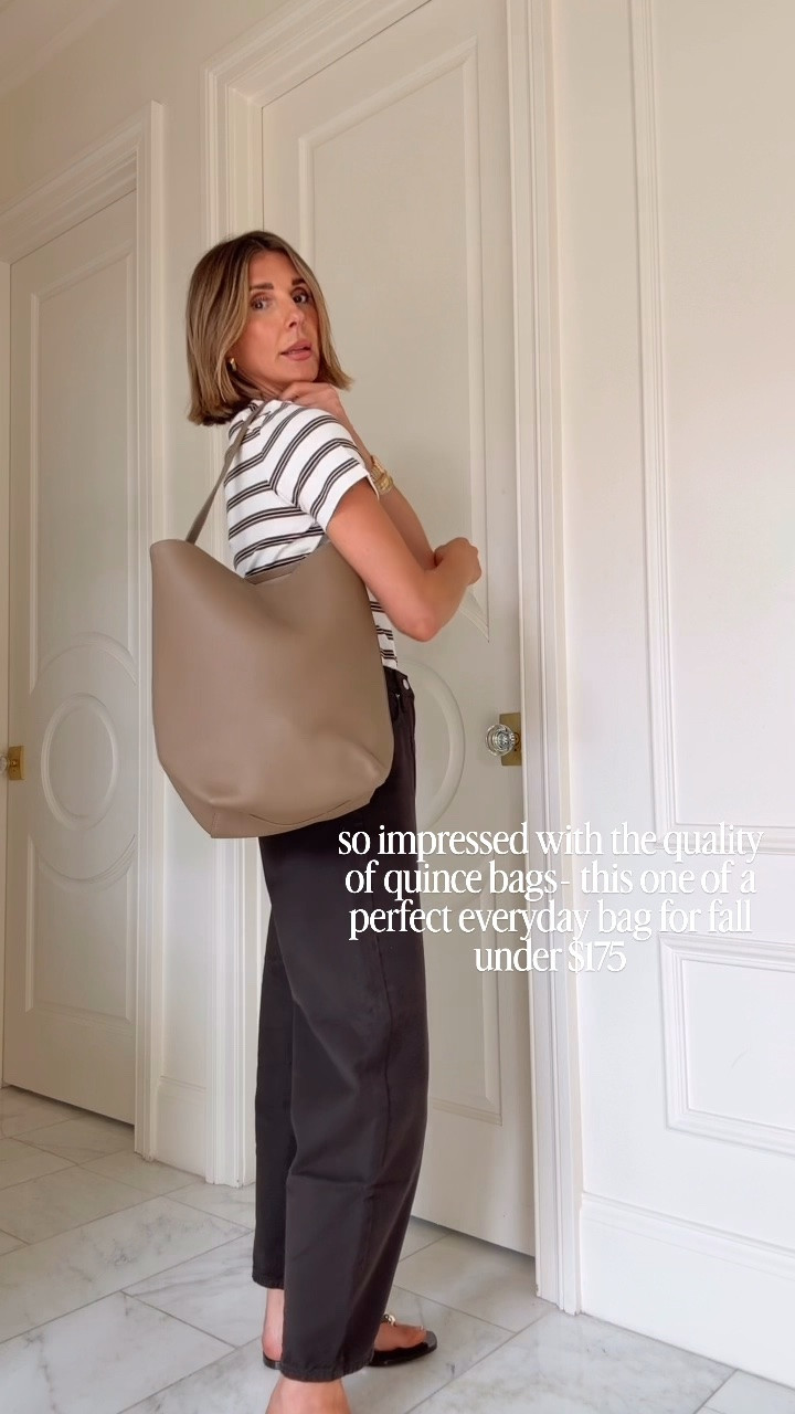 Back to school Mom outfit idea. Just got these new barrel jeans in from target under $45 love the chocolate brown color they fit so well I'm wearing size 2/25 and I'm 57 for reference wearing size small and I would see a T and love this quince bucket tape.