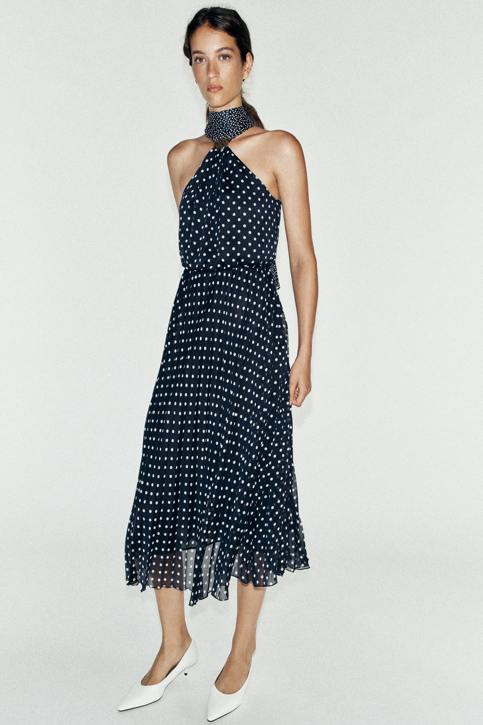 Zara - Polka Dot Halter Midi Dress - Navy / White - S - Woman | Zara US
