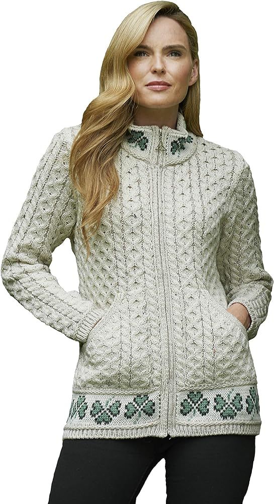 Aran Crafts Women's Cable Knit Soft Shamrock Zip Cardigan (100% Merino Wool) | Amazon (US)
